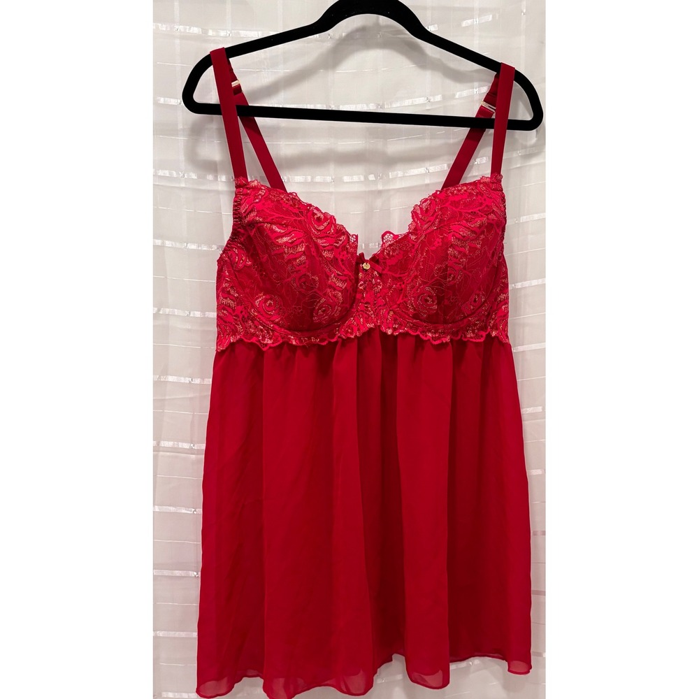 Cacique Red Lace Underwire Babydoll Chemise Lingerie 40DD Gold Accents